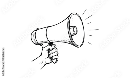 Hand holding megaphone illustration with sound lines in black and white. Vector retro hand drawn illustration.