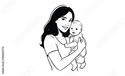 Smiling hispanic female adult holding happy baby in line art illustration. Vector retro hand drawn illustration.