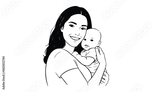 Smiling hispanic female adult holding infant in black and white illustration. Vector retro hand drawn illustration.