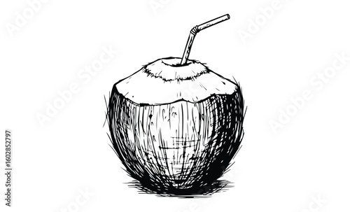 Sketch of a coconut with straw for refreshing summer drinks. Vector retro hand drawn illustration.