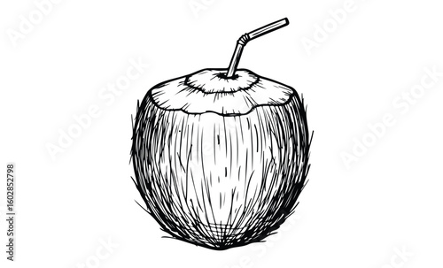 Hand-drawn coconut with straw in black and white line art illustration. Vector retro hand drawn illustration.