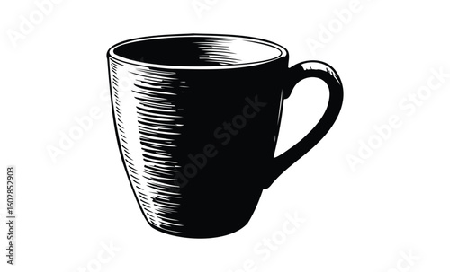 Monochrome sketch of a textured coffee mug with handle on white background. Vector retro hand drawn illustration.