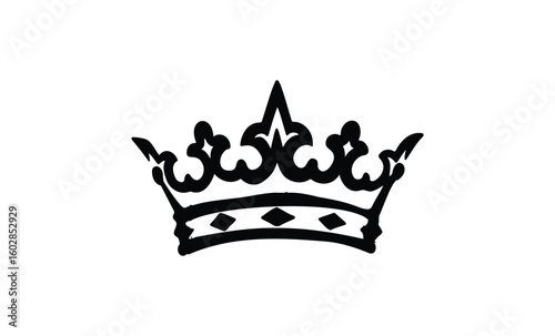 Black silhouette crown emblem with ornate detailing on white background. Vector retro hand drawn illustration.