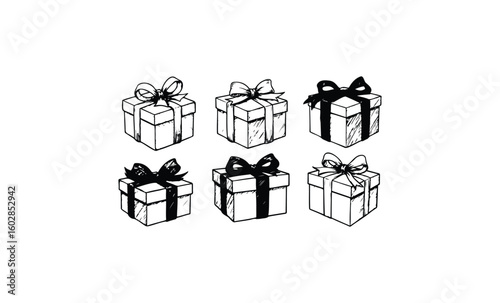 Hand-drawn gift boxes with bows in black and white. Vector retro hand drawn illustration.