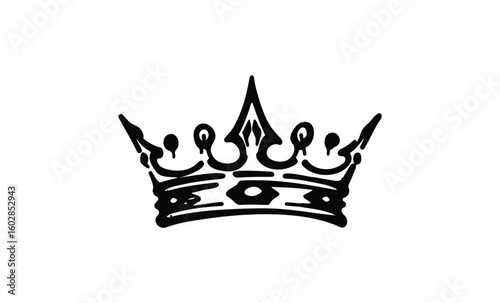 Black crown illustration on white background: classic royalty symbol design. Vector retro hand drawn illustration.