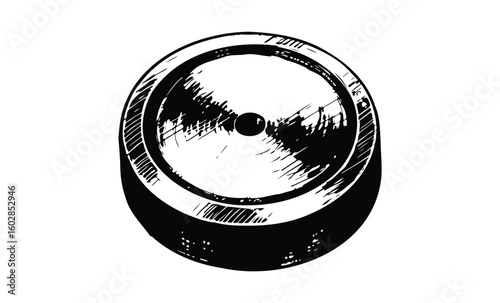 Black and white sketch of a classic hockey puck on white background. Vector retro hand drawn illustration.
