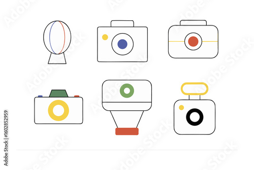 A collection of six stylized colorful and minimalist camera icons representing different types of photographic equipment and lenses