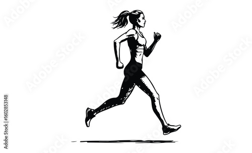 Silhouette of female runner in motion - dynamic monochrome art. Vector retro hand drawn illustration.