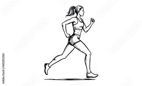 Athletic asian adult female runner in motion - dynamic black and white sketch. Vector retro hand drawn illustration.