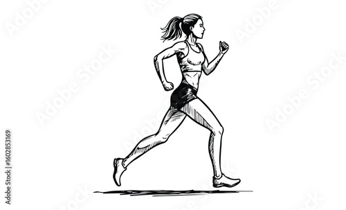 Sketch of young caucasian female runner in athletic pose. Vector retro hand drawn illustration.