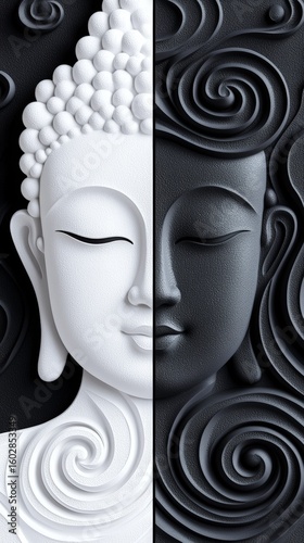 White Buddha's face with half of the head in black and white