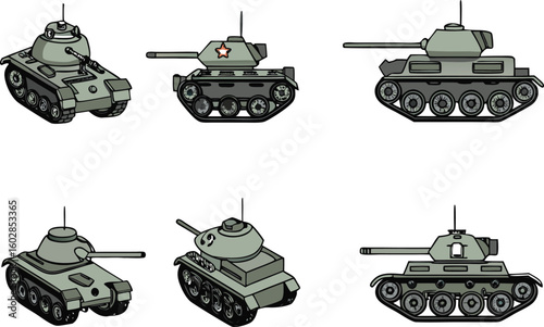 Cartoon tanks in various styles and angles on a white background