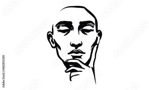 Contemplative line art of thoughtful male face with hand on chin. Vector retro hand drawn illustration.