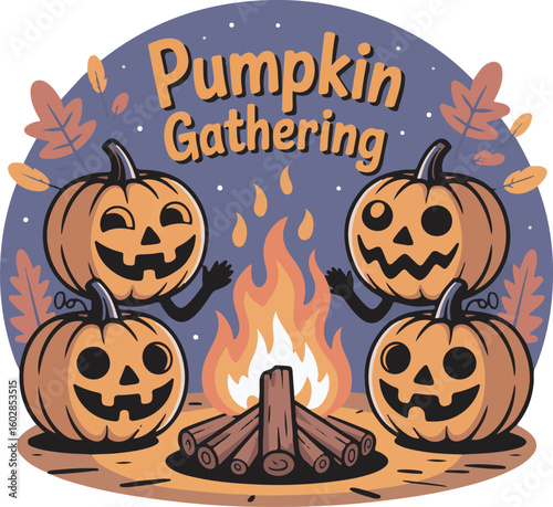Pumpkin Gathering Around Campfire Illustration for Autumn Harvest Festival Design