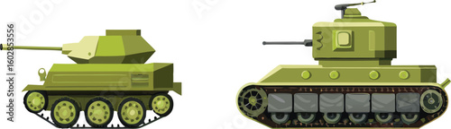 Two vintage military tanks in green color on a white background