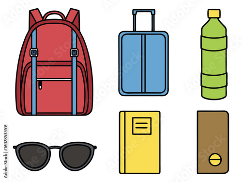 Colorful  Travel Essentials  Backpack, Suitcase, Water Bottle, Sunglasses, and Documents Illustration