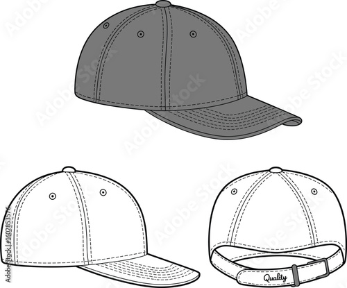 Baseball cap technical flat sketch, front side and back view, adjustable strap, vector template for fashion design and branding