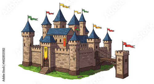 Majestic Stone Castle with Blue Roofs, Drawbridge, and Pennants