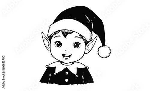 Happy cartoon elf child in festive hat smiling brightly. Vector retro hand drawn illustration.