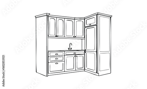 Corner kitchen cabinet design with sink and drawers sketch. Vector retro hand drawn illustration.