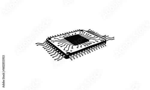 Illustration of a black and white microchip with circuit lines. Vector retro hand drawn illustration.