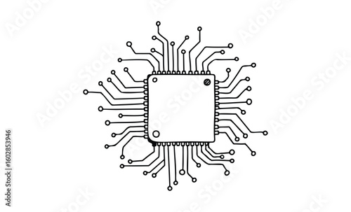 Schematic diagram of a microchip with circuit connections. Vector retro hand drawn illustration.