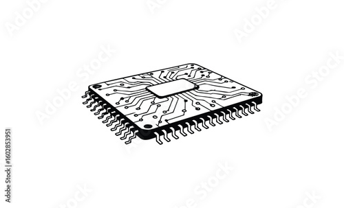 Black and white vector illustration of a computer microchip illustration. Vector retro hand drawn illustration.