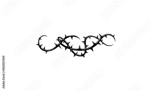 Black thorny heart-shaped vine on white background symbolizing love and hardship. Vector retro hand drawn illustration.