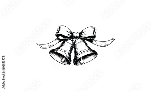 Vintage christmas bells with ribbon bow in black and white illustration. Vector retro hand drawn illustration.