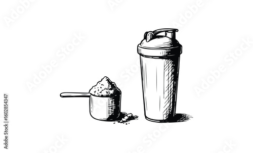 Hand-drawn protein shaker bottle and scoop of powder illustration. Vector retro hand drawn illustration.