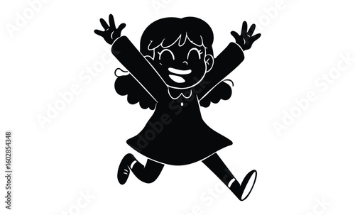 Joyful cartoon girl silhouette jumping happily with arms raised. Vector retro hand drawn illustration.
