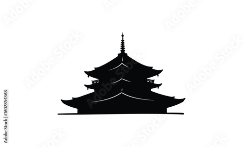 Silhouette of traditional asian pagoda against white background. Vector retro hand drawn illustration.