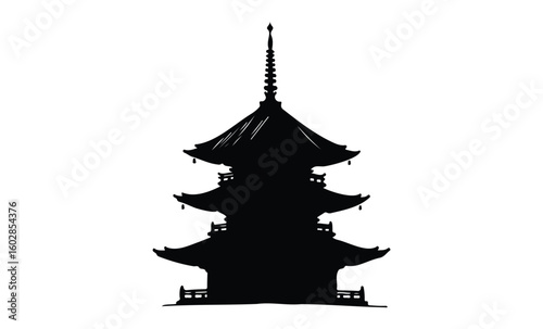 Silhouette of traditional asian pagoda against white background. Vector retro hand drawn illustration.