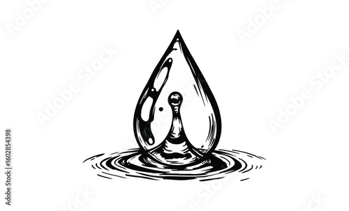 Abstract black and white water droplet with rippled reflection on white background. Vector retro hand drawn illustration.