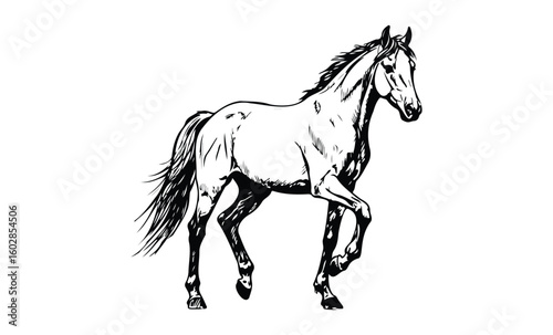 Black and white illustration of a trotting horse with flowing mane. Vector retro hand drawn illustration.