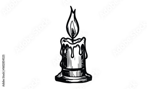 Hand-drawn melting candle with dripping wax and flare. Vector retro hand drawn illustration.