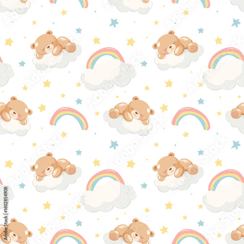 Cute little bear sleeping rainbow seamless pattern, vector illustration, Hand Drawn Cute kids graphics prints for pajamas textile