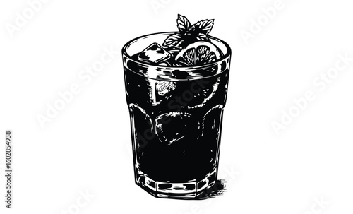 Black and white sketch of a refreshing iced drink with lemon and mint garnish. Vector retro hand drawn illustration.