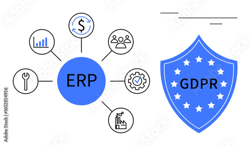 ERP system with interconnected icons of analytics, finance, team, tools, and GDPR protection visualized as a shield. Ideal for business process, compliance, security, data management automation