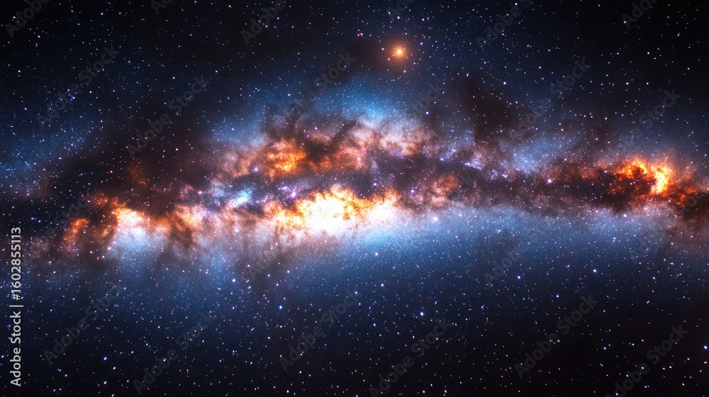 Fototapeta premium An expansive view of the Milky Way with millions of stars, colorful gas clouds, and celestial phenomena glowing softly