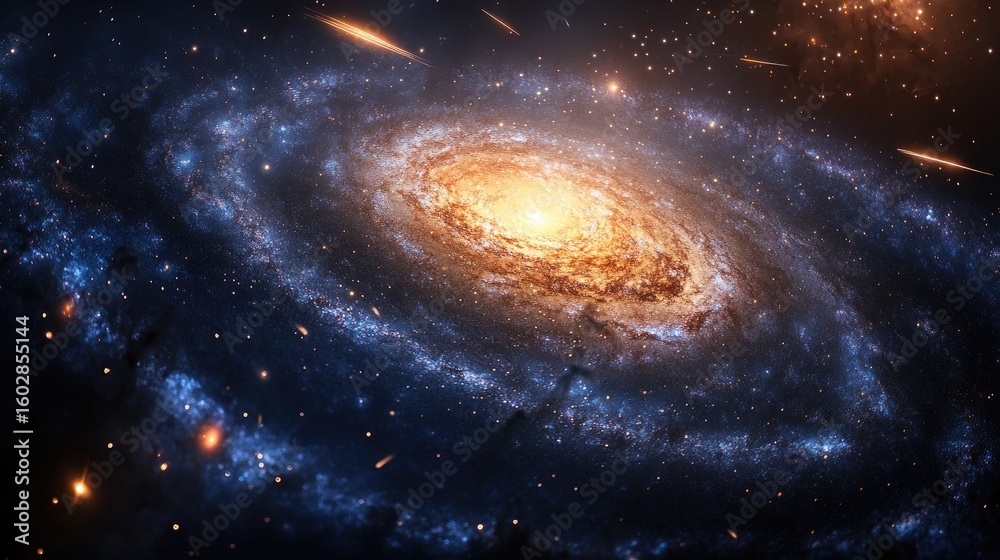 Fototapeta premium Cosmic scene featuring a distant galaxy spiral with shooting stars and glowing stardust in a tranquil void