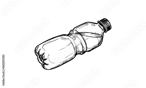 Black and white sketch of a crumpled plastic bottle. Vector retro hand drawn illustration.