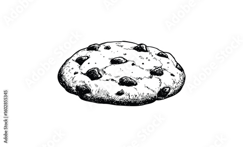 Hand-drawn chocolate chip cookie illustration on white background. Vector retro hand drawn illustration.