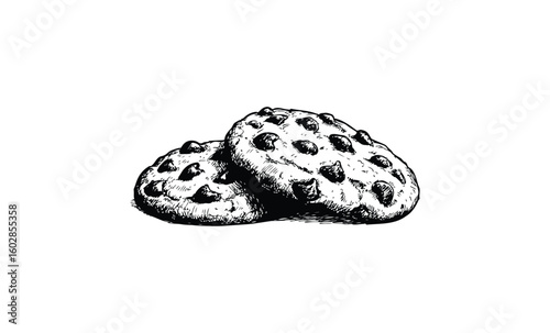 Hand-drawn chocolate chip cookies illustration with detailed texture. Vector retro hand drawn illustration.