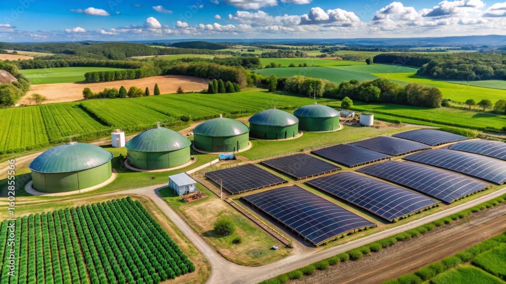 Fototapeta premium Aerial View of Sustainable Farmland with Biogas Digesters and Solar Panels Generating Clean Energy