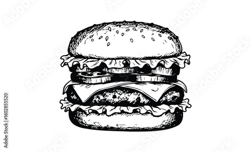 Detailed black and white drawing of a classic cheeseburger with toppings. Vector retro hand drawn illustration.