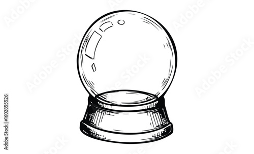 Blank transparent crystal ball on plain base sketch. Vector retro hand drawn illustration.
