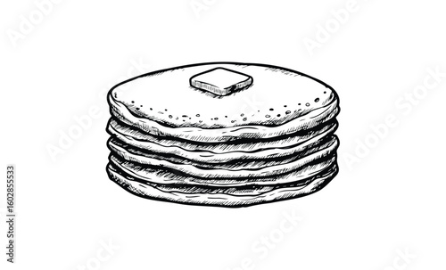 Monochrome stack of pancakes with butter sketch. Vector retro hand drawn illustration.
