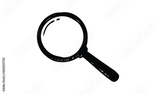 Black and white hand-drawn magnifying glass illustration on white background. Vector retro hand drawn illustration.