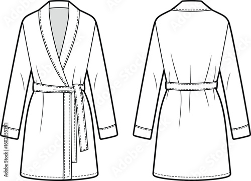Belted robe flat sketch, women’s wrap robe design, loungewear CAD drawing, front and back view, fashion vector technical illustration